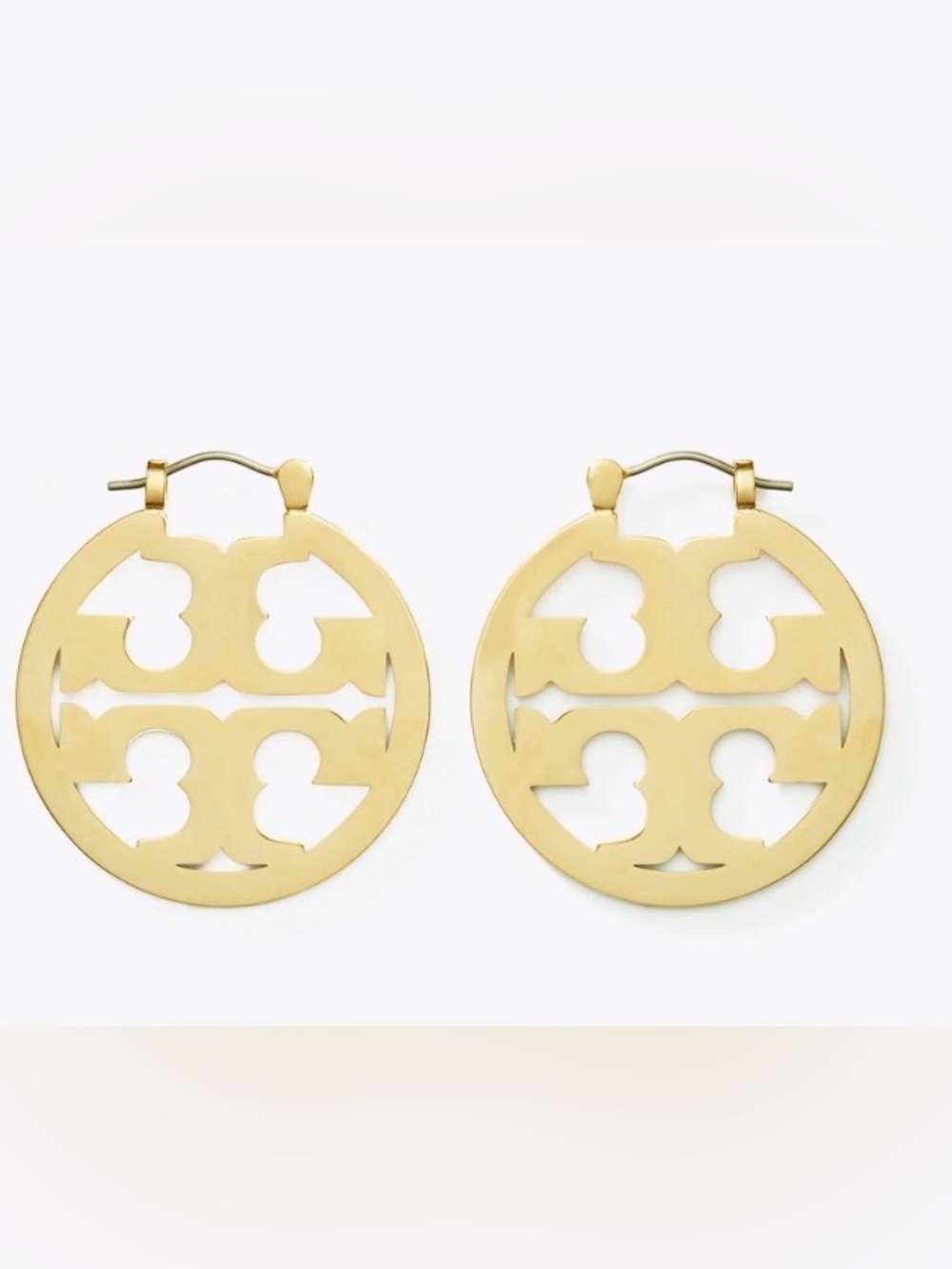 Tory Burch Brushed Gold Double-T Logo Drop Hoop Earrings